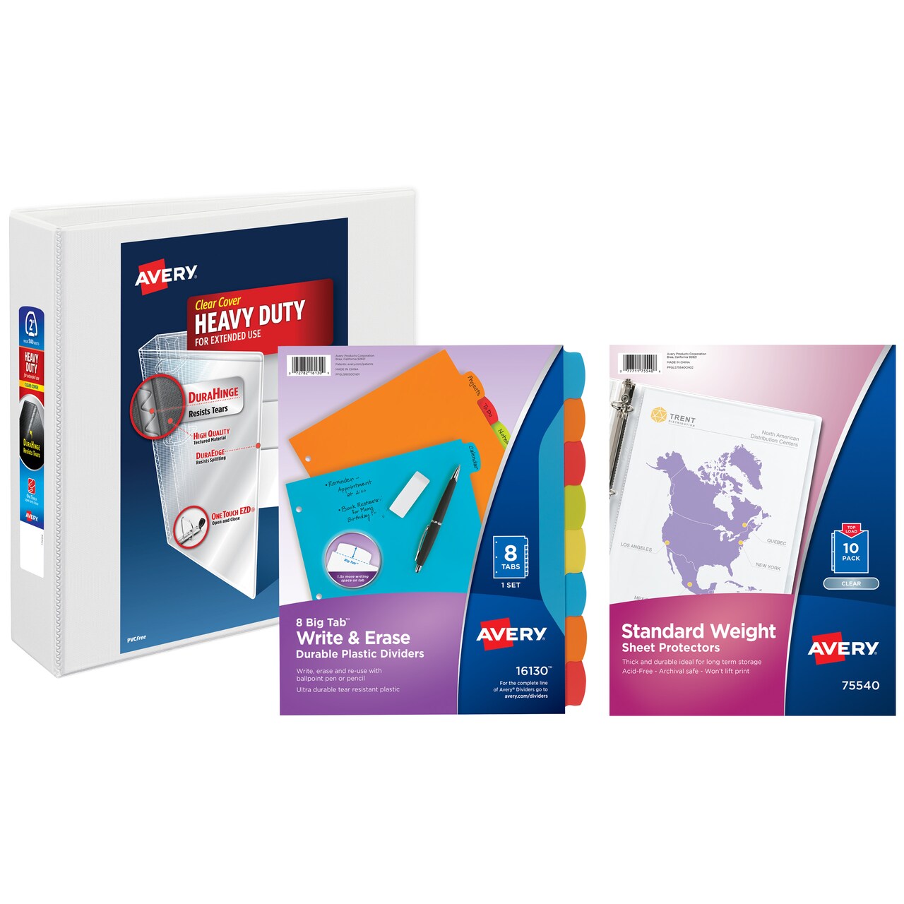 Avery Heavy-Duty View 3 Ring Binder with 2 Inch Rings, 8 Tab Reusable Write & Erase Plastic Binder Dividers, Clear Sheet Protectors, School Supplies Set (01685)